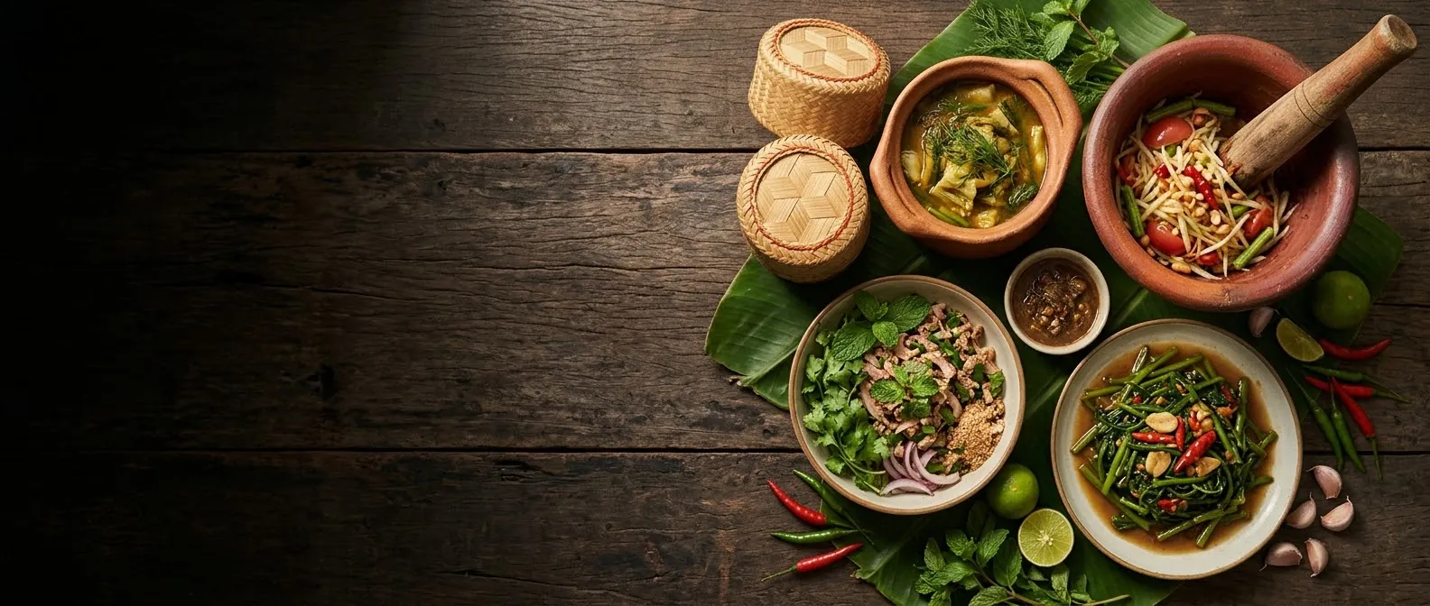 An Isan meal of som tam, Thai salad, gaeng om curry, stir-fried morning glory and sticky rice